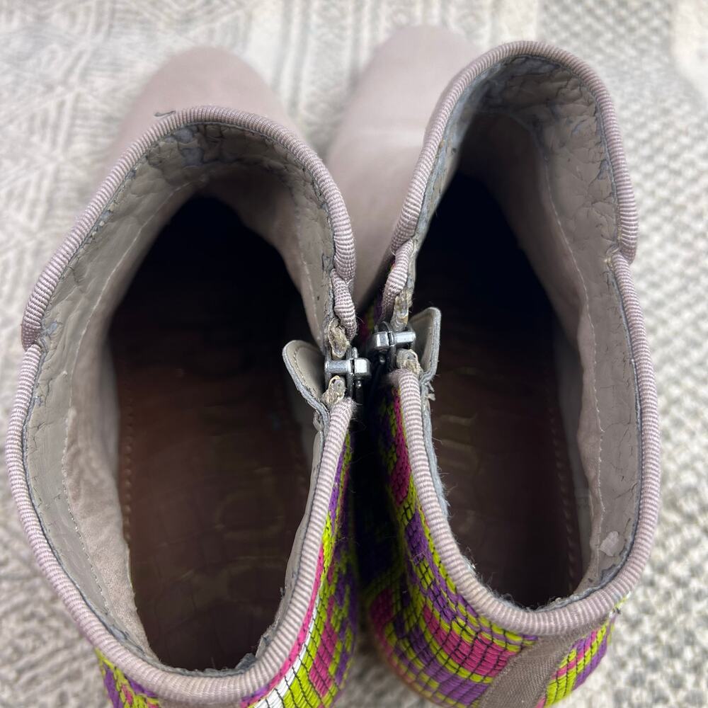 Sam Edelman, Putnam Taupe Suede Booties, Colorful Woven Back, Boho Western Ankle - Picture 6 of 11